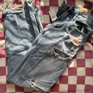American Eagle Outfitters Blue Straight Leg Jeans with Distressed Details